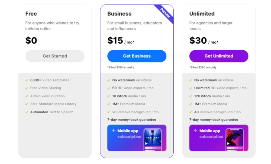 Pricing Plans for Invideo